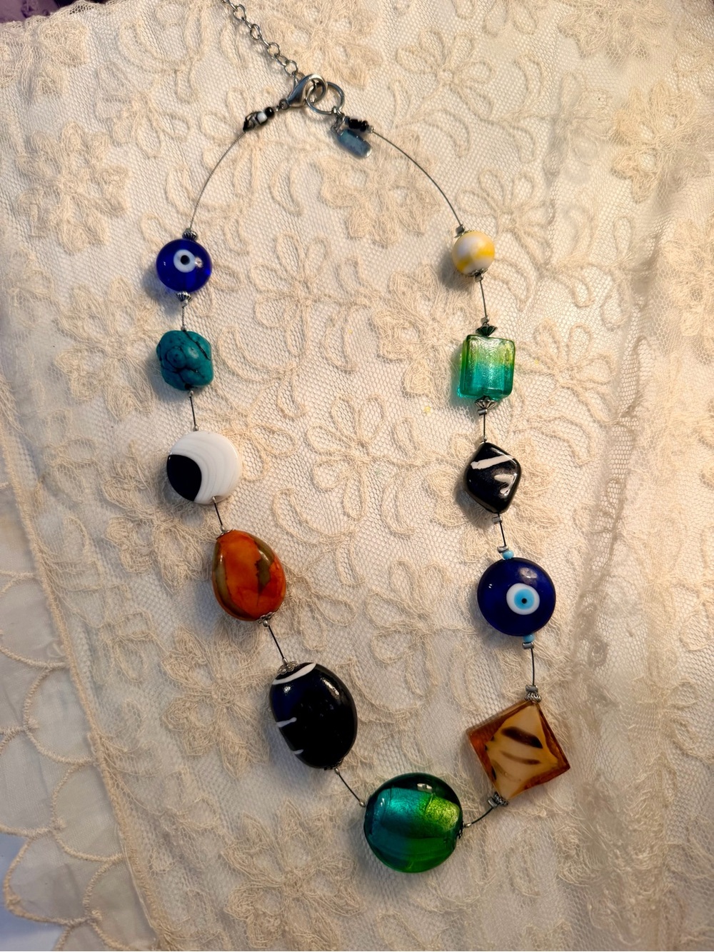 Colorful Mixed Glass Bead Necklace with Evil Eye Accents